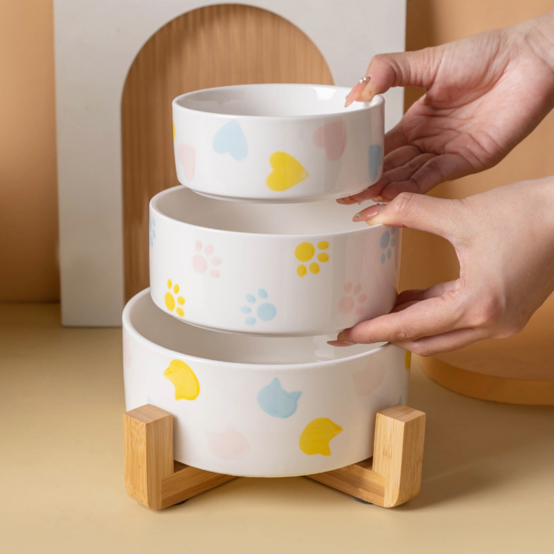나무 매트가있는 도자기 개 그릇 넓은 입 먹이 그릇 고 - Baby Food Cat 리뷰 및 가격